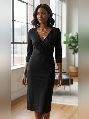 Black Sheath Midi Dress with Scoop Neck and 3/4 Sleeves Size 10P